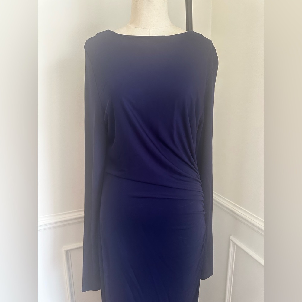 NWOT Elegant Navy Blue Long Sleeve ruched Dress